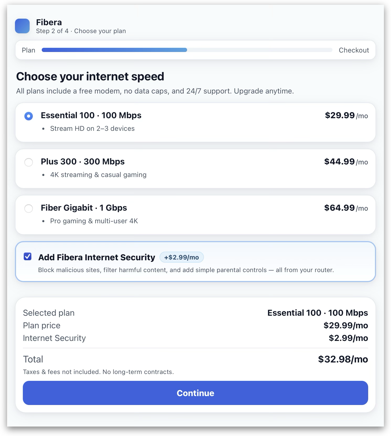 Example ISP plan selection and upgrade flow
